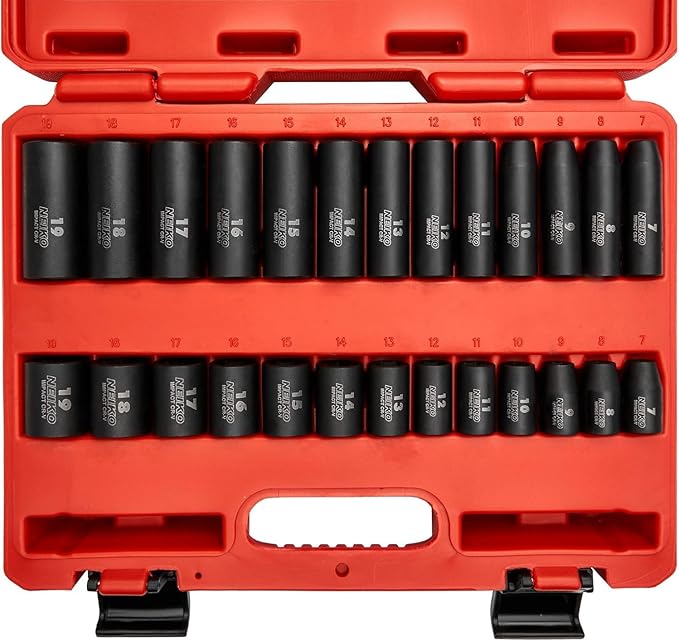 NEIKO 02433A 3/8??Drive Standard and Deep Metric Impact Socket Set | 26 Pieces | Metric 7mm to 19mm | Premium Cr-V Steel | 6-Point Hex Design | Corrosion Resistant Black Phosphate Coating