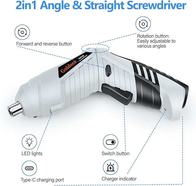 Electric Screwdriver Cordless, Goldsea 4.2V 3.5N.m 1500mAh Battery Rechargeable via Type-c, 1/4" 10pcs Magnetic Bits, Hex Chuck, 90째 to 180째 Adjustable Handle, LED Light for Home DIY & Repairs-Gray