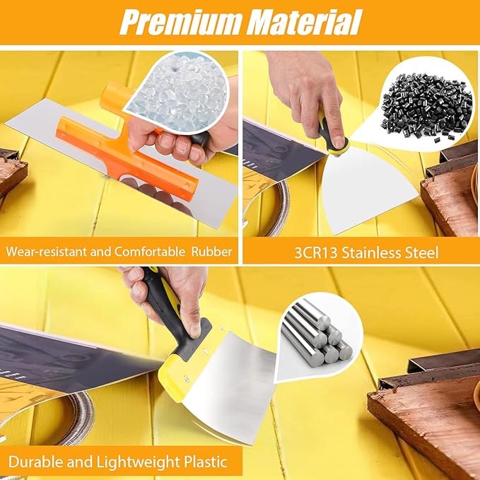 DEKEones Drywall Knife Set, 8 Pieces Stainless Steel Drywall Hand Tool Kit Includes Taping Knives, Putty Knives, Finishing Trowel, Mud Scoop and 12" Mud Pan with Ergonomic Handles for Drywall Work