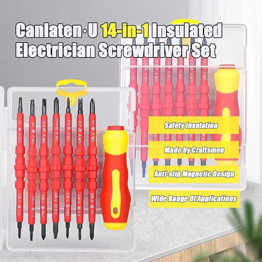 Insulated Electrician Screwdriver Set - 14 in 1 Magnetic Screwdriver Tool Kit Electrical Multifunctional Interchangeable CR-V Screwdrivers with Soft-Grip Screw Drivers