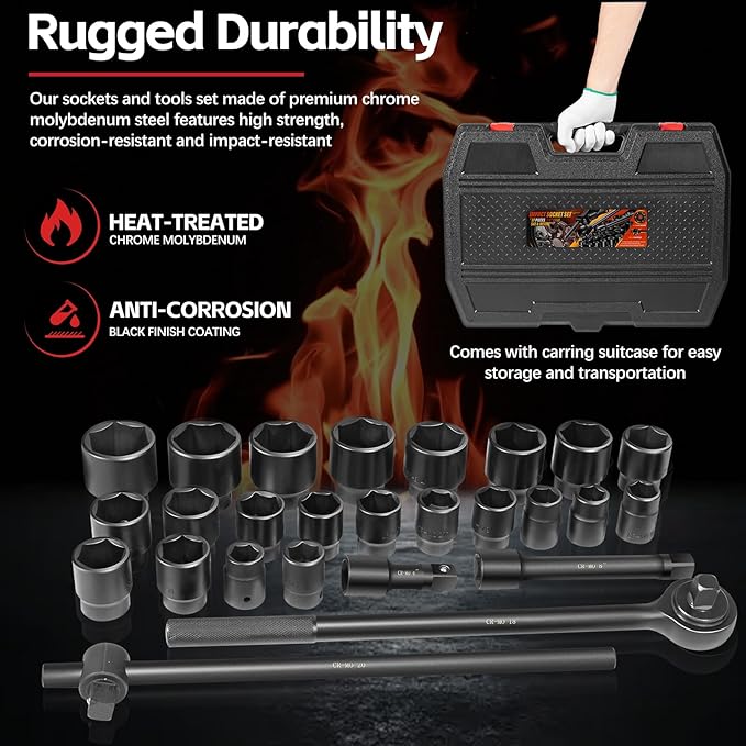 3/4-Inch Drive Jumbo Master Impact Socket Set, SAE and Metric Shallow-Socket Tool Set, SAE 7/8" to 2" and Metric 22 to 50 mm Sockets with Extension Bars and Ratchet Handle, 27 pieces