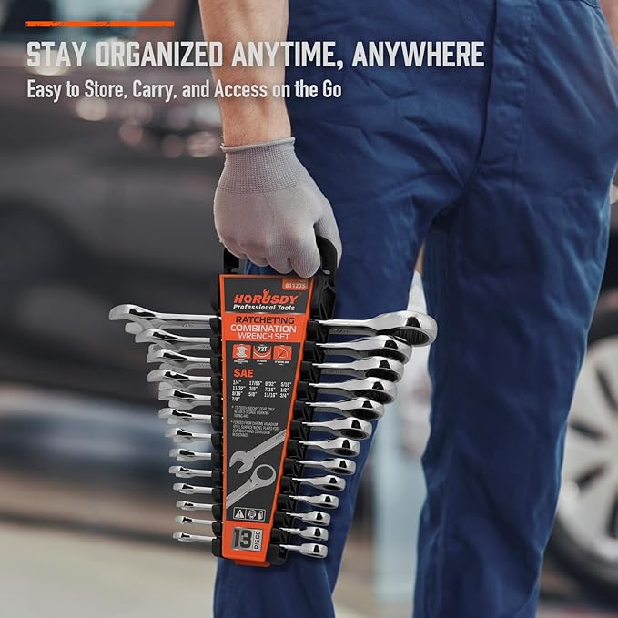 HORUSDY 13-Piece Sturdy Ratcheting Wrench Set | SAE 1/4''??/8'' | Max Torque Ratchet Combination Wrenches Set with Storage Rack | 72-Tooth | Chrome Vanadium Steel