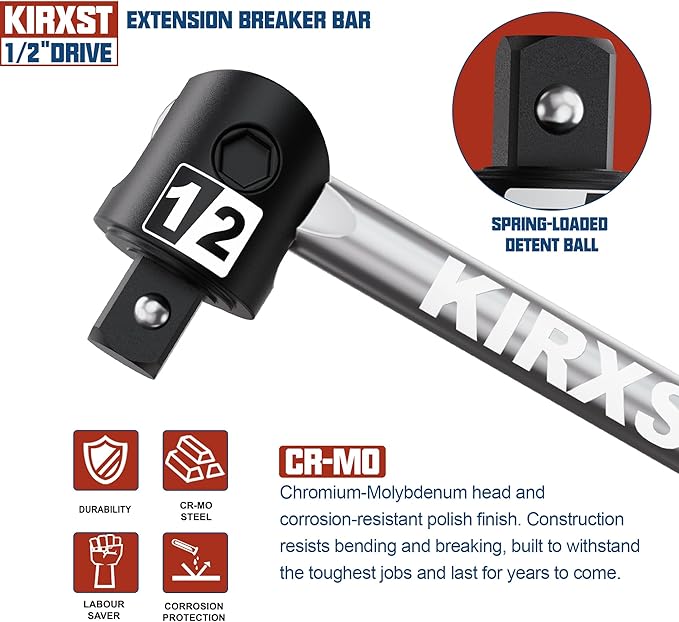 25-Inch 1/2??Drive Breaker Bar, 250째 Rotatable Head, Heavy Duty Extension Breaker Bar, Ball Lock Function, Laser Marking, Mechanical Work, Automobile and Motorcycle Maintenance and Repair