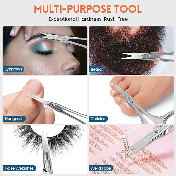 THRAU Right-Handed Cuticle Scissors ??Surgical Grade Stainless Steel with Sharp Curved Tip for Cuticles, Nails, Eyebrows, Eyelashes, Nose Hair & Beard ??Ideal for Manicure & Precise Grooming