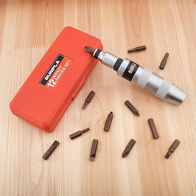 Gunpla Impact Screwdriver Set, Industrial-Grade 40CR Alloy Steel Manual Impact Driver with Phillips Slotted Hex Driver Spinning Ratchet Adapter Adjustable Handle for Fastening Loosening, 12 Piece