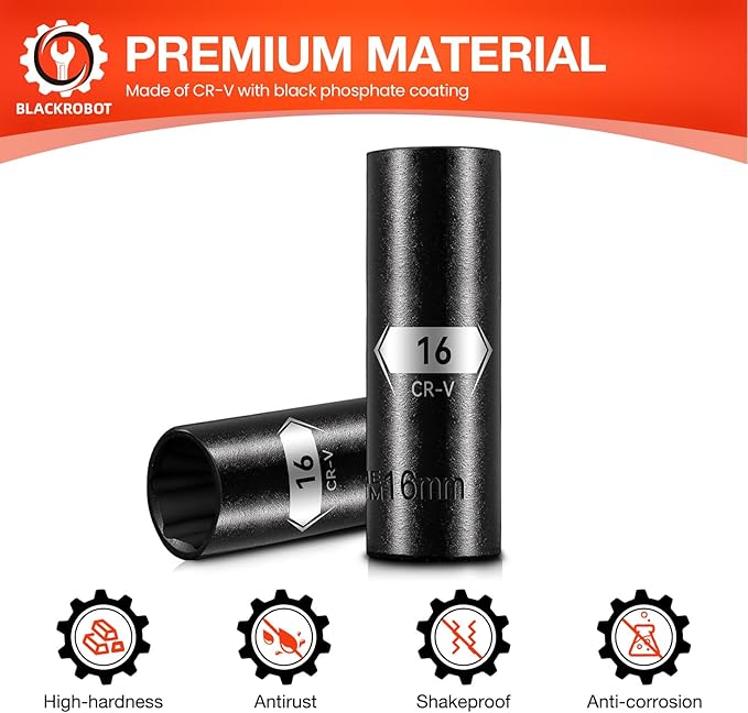 BLACKROBOT 1/2 Inch Drive 6-Point Deep Socket, 16mm Deep Impact Socket, CR-V Steel