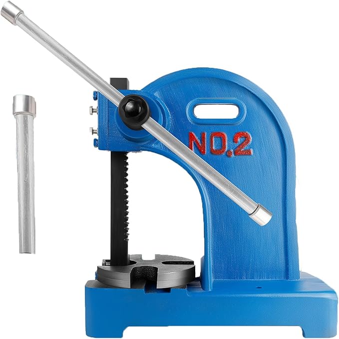 Arbor Press 2 Ton (17.32"H x 15.35"L), Reversible Ram, 3 Drifts, Steel Anvil for Punching/Shaping, Small Workbench (2T Blue)