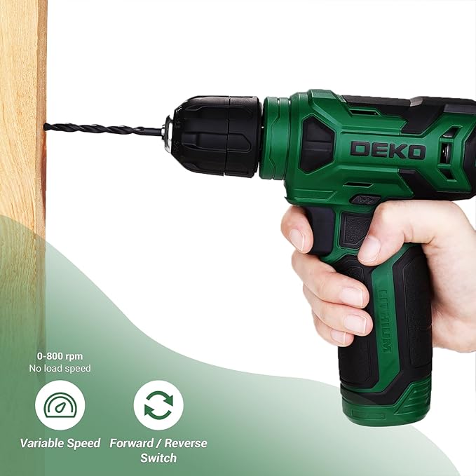 DEKOPRO 8V Cordless Drill, Drill Set with 3/8"Keyless Chuck, 42pcs Acessories, Built-in LED, Type-C Charge Cable, Green Power Drill for Drilling and Tightening/Loosening Screws