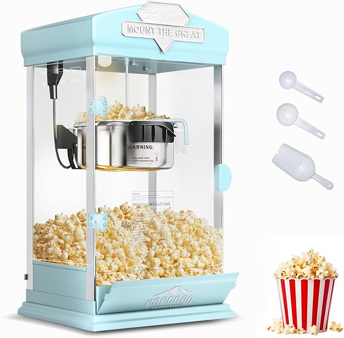 8 Oz Popcorn Machine, Tabletop Popcorn Maker, Countertop Pop Corn Machine Makes Up to 32 Cups, Movie Theater Popcorn Popper Machine with Stainless-Steel Kettle for Home Family, 300 W, Cyan