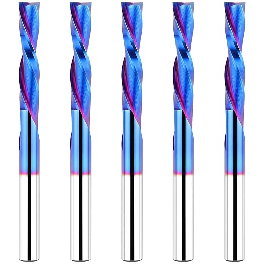 5PCS Down Cut Spiral Router Bit 1/4 Inch Shank, 1-1/4 Inch Cutting Length, Extra Long 3 Inch Overall Length, CNC Router Bits Set Downcut for Wood Milling Cutter