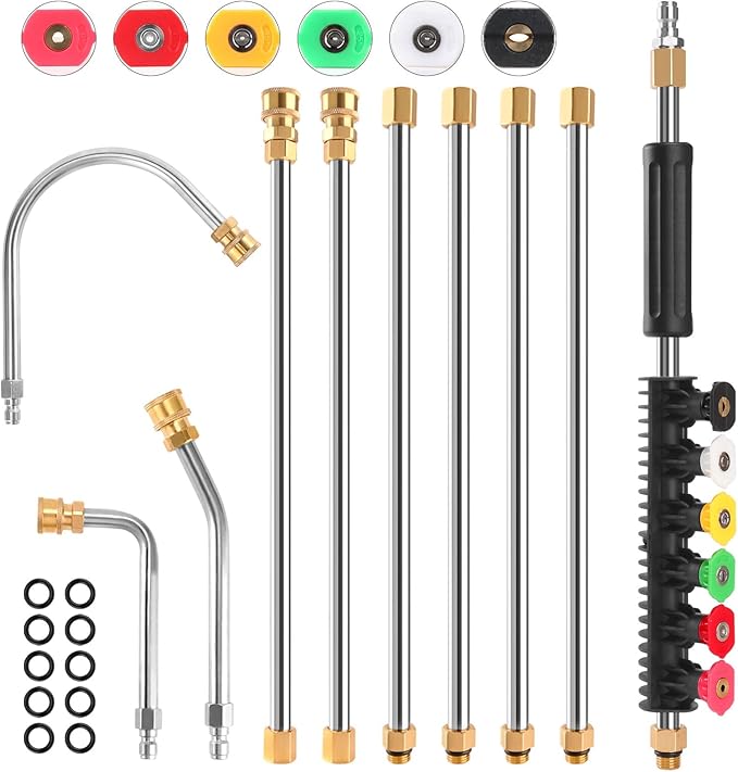 Gutter Cleaning Tools From the Ground, 10 Pack 9 FT Pressure Washer Extension Wand, Power Washer Lance With 6 Pressure Washer Spray Nozzle Tips, 30째, 90째, 120째 Gutter Cleaner Curved Rod, 4000 PSI