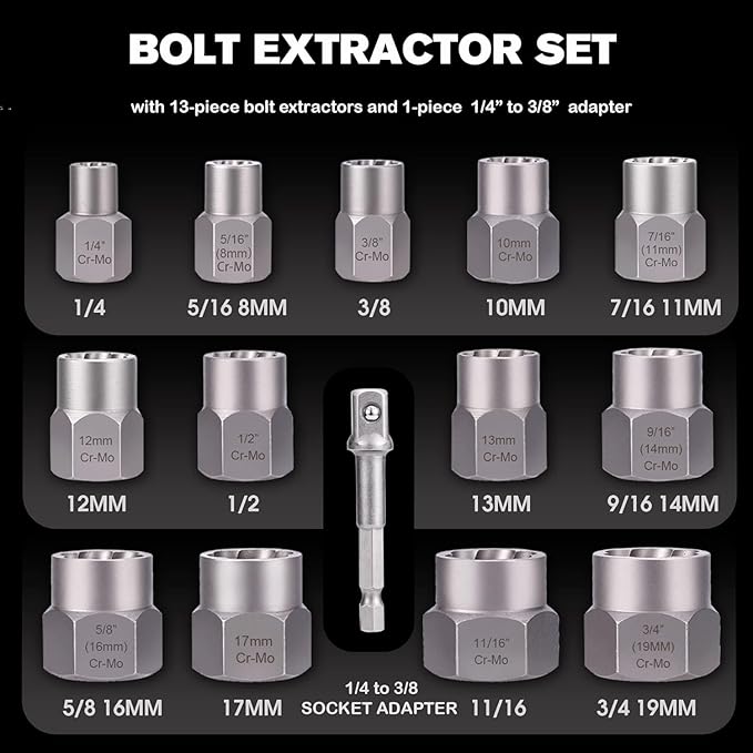 REXBETI 26-Piece Bolt Extractor Screw Extractor Set and Cobalt Drill Bit Set, Case with 13-Piece Bolt Extractor, 6-Piece HSS Drill Bit, 6-Piece Spiral Screw Extractor and 1-Piece Socket Adapter