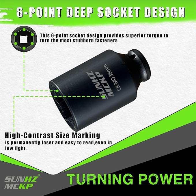 SUNHZMCKP 36mm Socket | 1/2??Drive Deep Impact Socket | 6 Point |CR-MO | Spindle & Axle Nut Impact Grade Socket for Easy Removal (METRIC 36 mm)