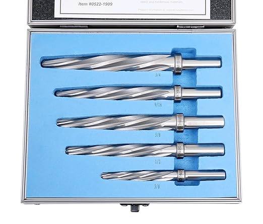Accusize Industrial Tools 5 Pc H.S.S. Spiral Flute Super Premium Car Reamer Set, 3/8", 1/2", 9/16'', 5/8", 3/4" to Fit 3/8" or 1/2'' Shank Chuck, Aluminum Case