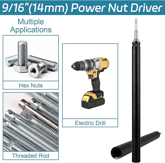 9/16"(14mm) Power Nut Driver Nut Runner Hollow Socket with 1/4" Hex Shank,Fit Long Bolts and Ductwork Power Nut Driver for Overhead Fastening Applications Operations (10 Inch)