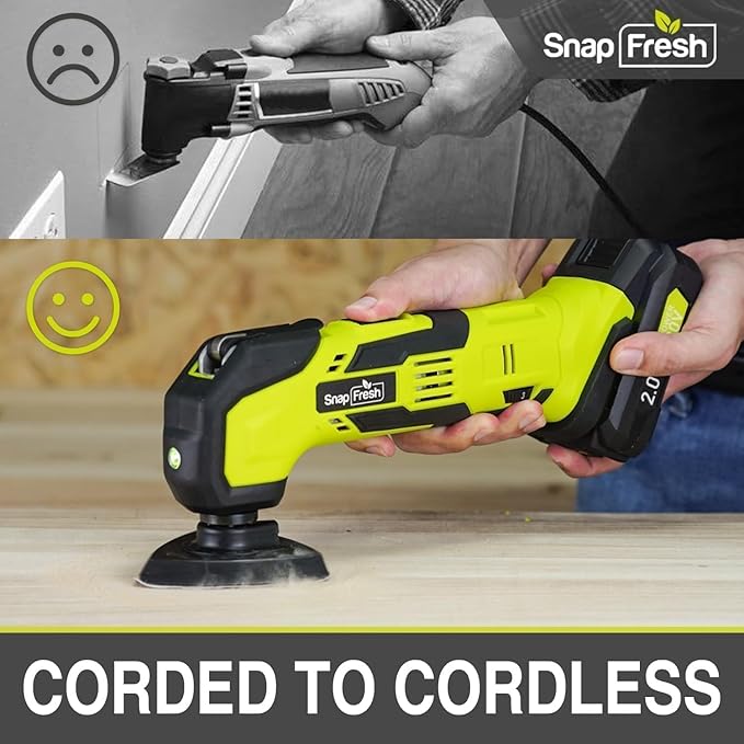 SnapFresh Oscillating Multi Tool Cordless, 20V DIY Tool Kit, 6 Speed, 3.2째Oscillation Angle, Quick-Lock Replaceable, 24pcs Accessories, Battery & Fast Charger, For Scraping, Blades Sanding, Cutting