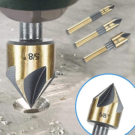 Countersink Drill Bit Set, 5 Pieces High Speed Steel 82 Degree 5 Flute 6mm Round Shank Mill Cutter Bit Countersink in Sizes 3/8" Set with Carrying Case.