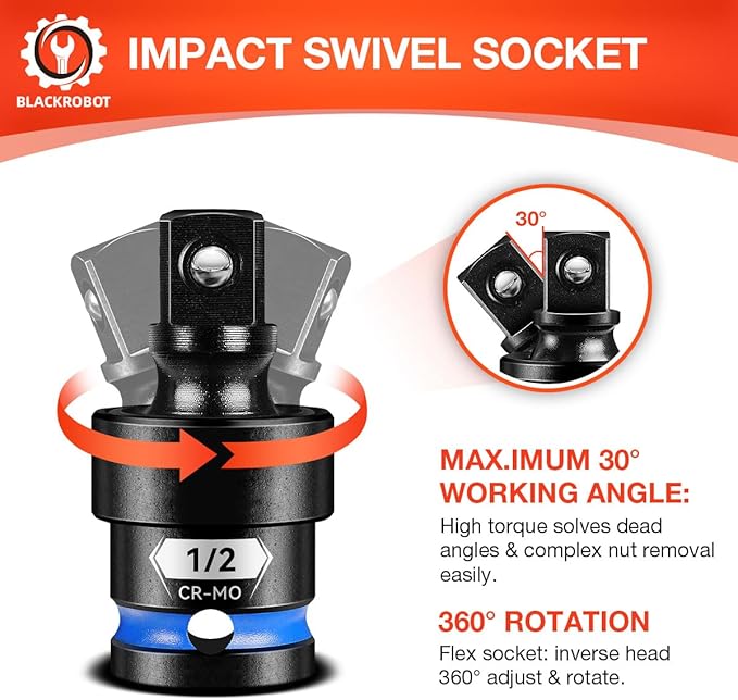 BLACKROBOT 1/2" Drive Impact Universal Joint Set, CR-MO Swivel Socket Adapter for Automotive Repair & Heavy-Duty Home DIY, Flexibly Reach Tight-Angle Fasteners