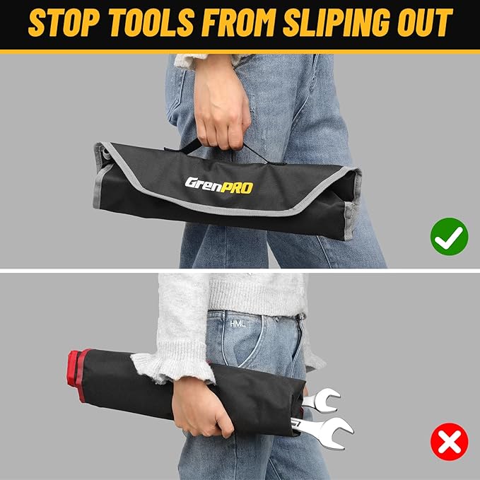 GRENPRO SAE Wrench Set, Large Wrench Set, 7-Piece 15/16", 1", 1-1/16", 1-1/8", 1-3/16", 1-1/4" Long Big Open End Wrench Tools Set Roll Up Pouch Organizer with Gauge, 12 Point Combination Wrenches Sets