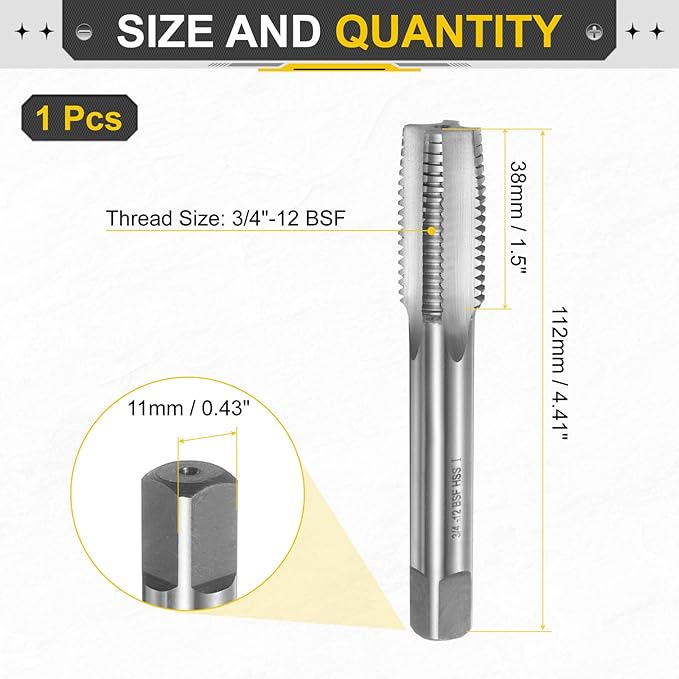 uxcell Hand Taper Tap 3/4"-12 BSF Thread Taper Style Taps Straight Flute Screw Tapping Threading Tool High Speed Steel HSS6542
