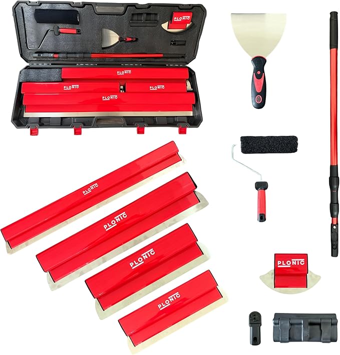 Drywall Skimming Blade Set with Portable Case, Stainless Steel 10", 14", 24", 32" & 40" Skimming Blades with 40"-84" Extension Handle, Drywall Finishing Tools
