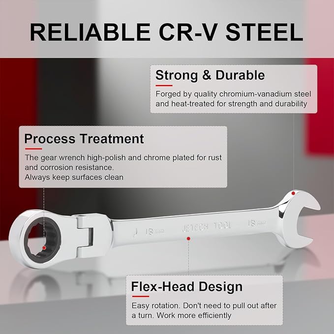 Jetech 18mm Ratchet Wrench Flex Head: Box End Wrench 12Pt| Metric Ratcheting Combination Chrome Vanadium,Forged, Extra Durability