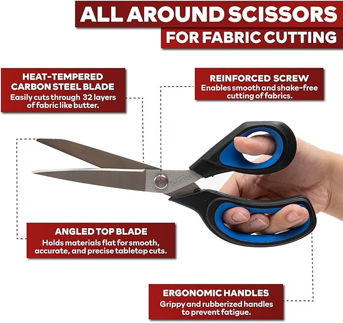 XFasten Sewing Scissors for Fabric Cutting Blue 9.5 Inch Professional Fabric Scissors Sewing | Heavy duty and Large