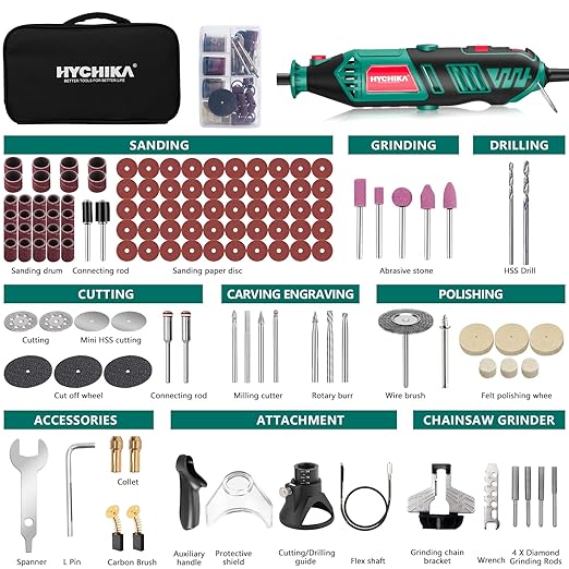 HYCHIKA 8000-35000RPM Variable Speed Rotary Tool,180W Rotary Tool With 179pcs Accessories,With Flex Shaft,Grinding Chain Bracket And Tool Bag,for Grinding,Cutting,Wood Carving,Sanding and Engraving
