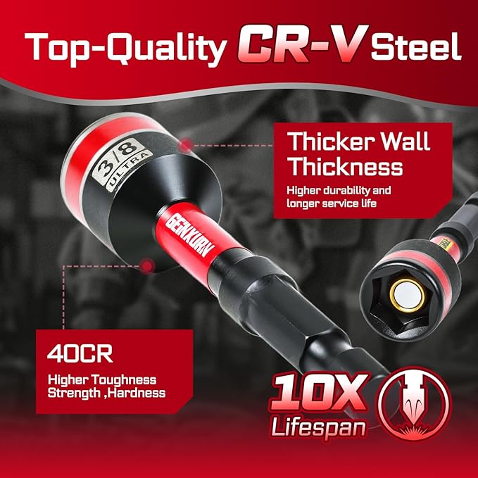 Impact Nut Driver Set, 10 Pieces 2.56???쒵ong 3/8?? Point Alloy Steel Magnetic SAE Nut Setter Set Use For Require Installing 1/4 Hex Shank Impact Driver with Case Box