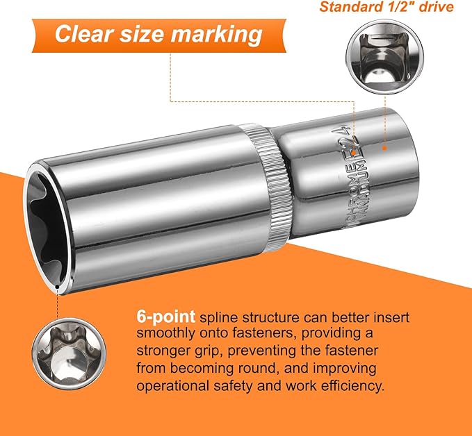 HARFINGTON 2pcs E-Torx Socket 1/2" Drive E24 Star Female Socket 3.1" Length External Torx Deep Sleeve Chrome Plating 6 Point Spline Sleeve for Auto Repairs Home Maintenance