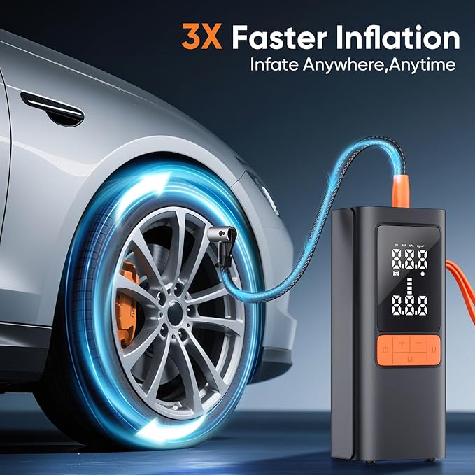 Tire Inflator Portable Air Compressor, 150PSI Cordless & 12V DC Dual Power Tire Pump for Car Tires,Bike,Motorcycle, 6000mAh Battery, Digital Pressure Gauge, Auto Shut-Off & Emergency LED Light