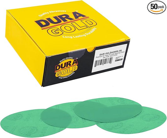 Dura-Gold Premium 2000 Grit 6" Gold Sandpaper Discs, No Hole Pattern Dustless, Box of 50, Hook & Loop Backing for DA Sander, Finishing Coarse Sanding Abrasive Automotive Paint, Woodworking Wood, Metal