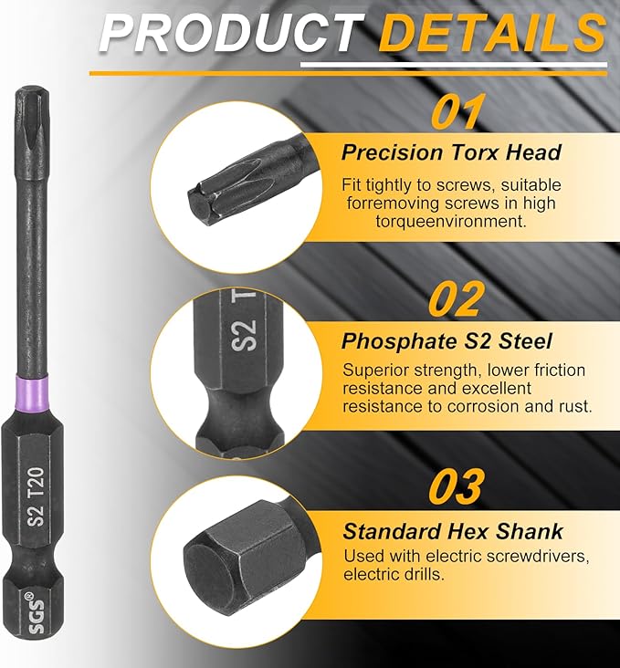 HARFINGTON 5pcs T20 Torx Head Impact Screwdriver Bits 1/4" Hex Shank 2.6" (65mm) Long Magnetic No Hole Tamper Proof 6 Point Star Screw Driver Drill Bits Phosphate S2 Steel Power Tools
