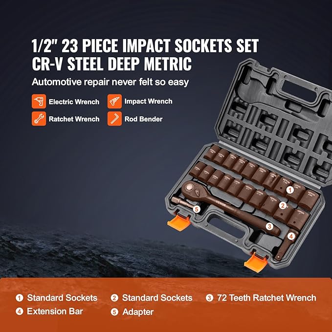 VEVOR 1/2" Drive Impact Socket Set, 23 Piece Socket Set SAE 竊?/16" -1"竊? Metric 竊?3-24mm竊? Point Cr-V Alloy Steel for Auto Repair with Ratchet Handle Rugged Construction Storage Case