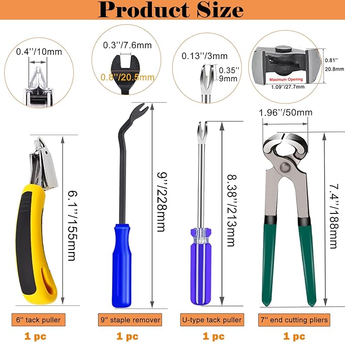 4Pcs Upholstery Staple Remover Tool Set Including 7inch End Cutting Plier,V Tip Tack Puller,U Tip Tack Puller,Staple Remover,Nail Puller Carpet Remover for Furniture Floor Photo Frame