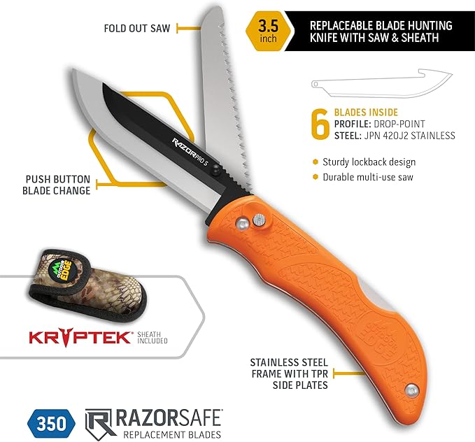 OUTDOOR EDGE RazorPro S - RazorSafe Replaceable Blade 3.5" Folding Knife with Saw and Camo Nylon Sheath (Orange, 6 Blades)