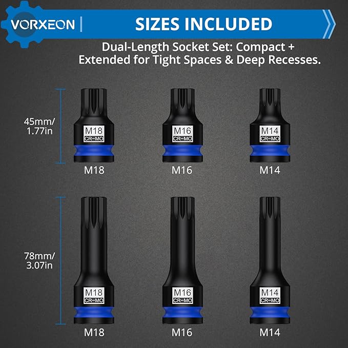 1/2" Drive Triple Square Spline Impact Bit Sockets Long and Short Combinations Set, 6 Pcs XZN Socket 42 Cr-Mo M14 M16 M18 With Storage Case