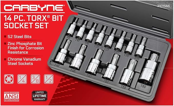 CARBYNE 14-Piece Torx Bit Socket Set, T8 to T60 Sizes, S2 Steel Bits, Cr-V Sockets, Durable Case | 1/4, 3/8, & 1/2 in. Drive ??From a Family-Run Tool Company Based in the U.S.A.