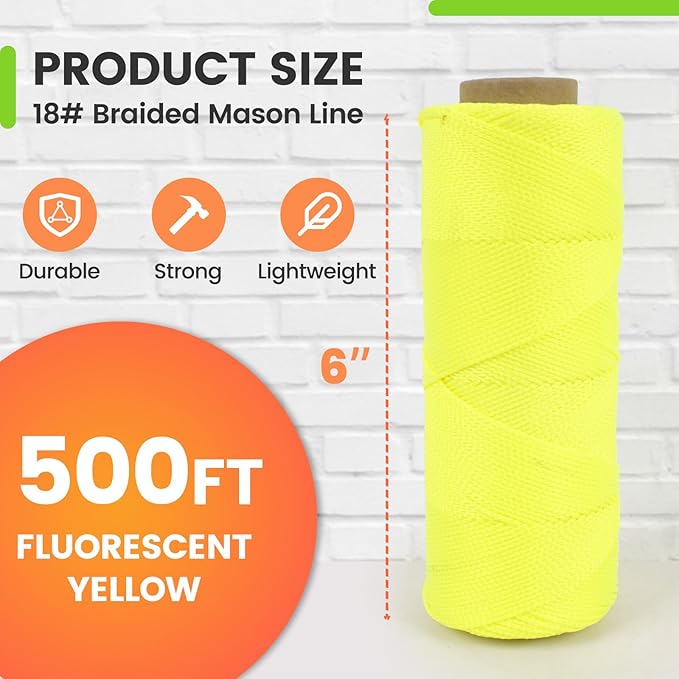 MERIANE Mason Line, 500 Ft #18 Braided Nylon String, Premium String for Masonry Jobs, Construction, Gardening, Net Making and Mending, DIY Projects, Fluorescent Yellow