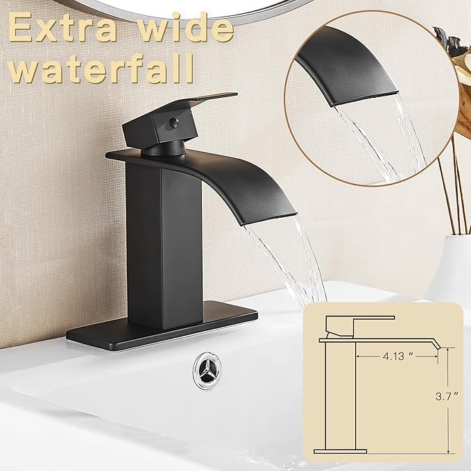 Fransiton Black Waterfall Bathroom Faucet Lavatory Single Handle 1 or 3 Hole Bathroom Sink Faucet Washbasin Faucet with Deck and Pop-up Drain