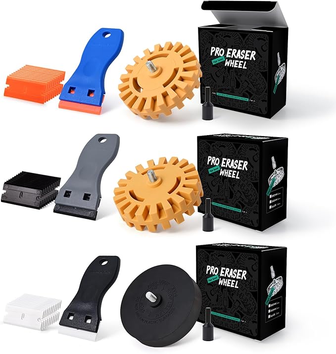 FOSHIO 3 Pack Decal Remover Eraser Wheel Tool Kit, 20mm & 25mm Decal Remover Wheel with Adapter, Scraper with Plastic Razor Blades, Rubber Wheel Tool Kit for Remove Vinyl, Decal, Adhesive, Residue