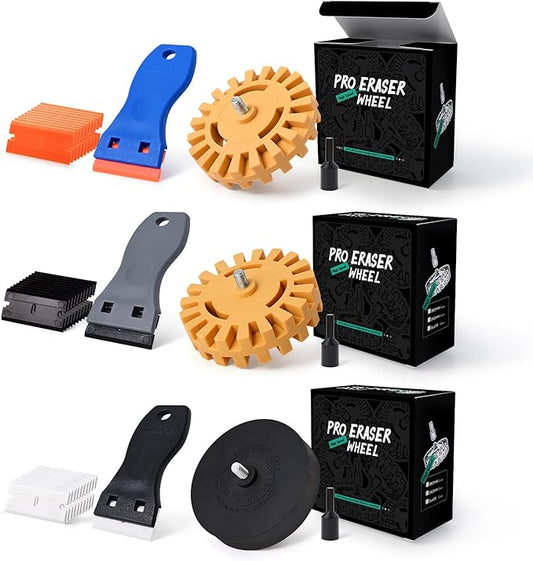 FOSHIO 3 Pack Decal Remover Eraser Wheel Tool Kit, 20mm & 25mm Decal Remover Wheel with Adapter, Scraper with Plastic Razor Blades, Rubber Wheel Tool Kit for Remove Vinyl, Decal, Adhesive, Residue