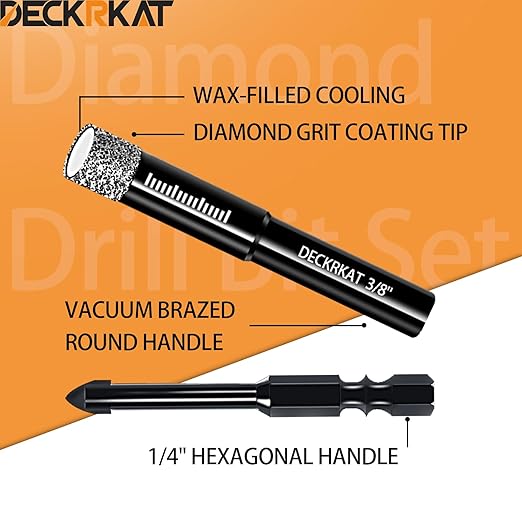 DECKRKAT 10-Piece Dry Diamond Drill Bits & TileDrill Bits - 3/16"(x2), 1/4"(x3), 5/16", 3/8", 1/2" + 1/4"(x2) Masonry Bit for Tile,Ceramic, Porcelain,Marble,Granite.