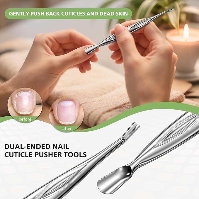 BALUCA 2-in-1 Cuticle Pusher & Trimmer with Fork ??Professional Stainless Steel Nail Cuticle Remover Tool for Pain-Free Manicure & Pedicure ??Durable Metal Cuticle Nippers and Scraper, Silver