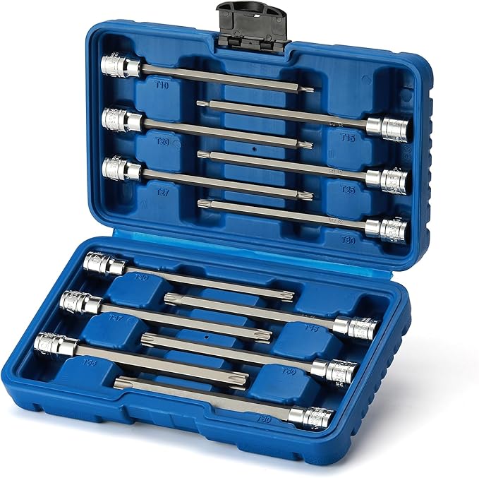 EMENTOL 12PCS 3/8" Drive Extra Long Torx Bit Socket Set, CR-V, S2 Steel, 5.9" Length Star Bit Socket Set, T10 - T60