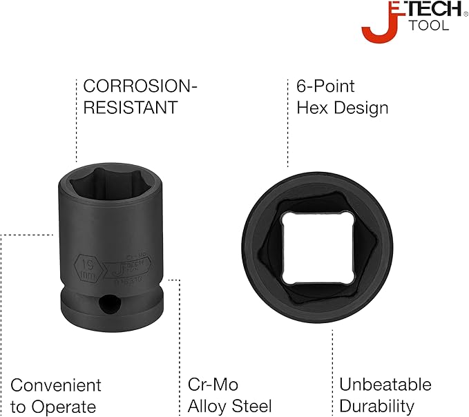 Jetech 1/2 Inch Drive 19mm Standard Impact Socket, Chrome Molybdenum Alloy Steel, 6-Point Design, Metric