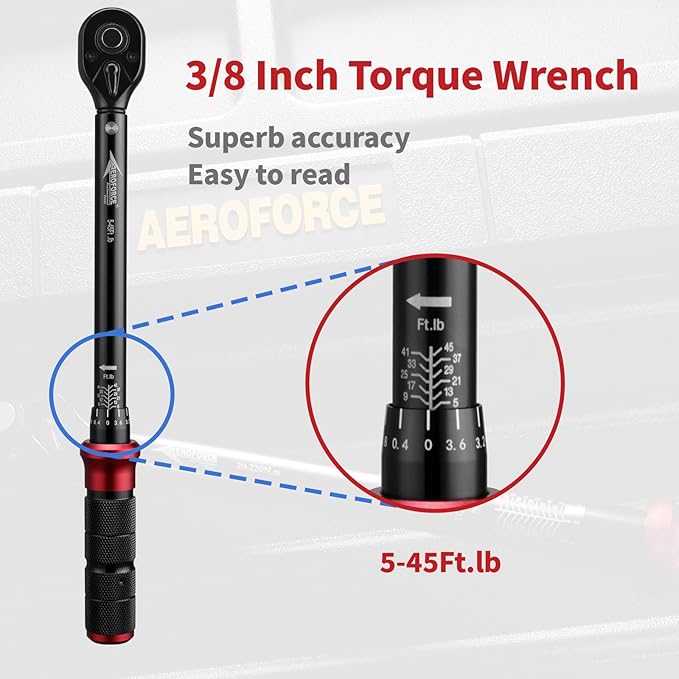 AEROFORCE 3/8-Inch Drive Torque Wrench竊?-45 lb.ft / 6.8-61.2 Nm),72 Tooth Dual Direction Reversible Ratchet, Dual Range Scales, Precision Calibrated for Bike, Motorcycle and Car Repair