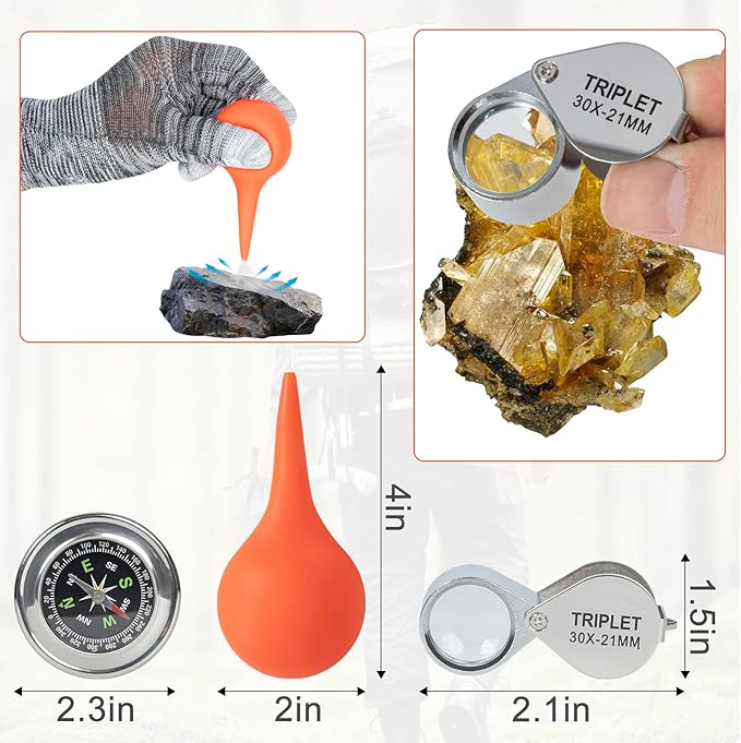 12PCS Geology Rock Pick Hammer Kit, Gold Mining & Prospecting Equipment Tool, including Hammer, Wooden Chisel, magnifying glass, Whistle, goggles, 5pcs wooden pottery knives