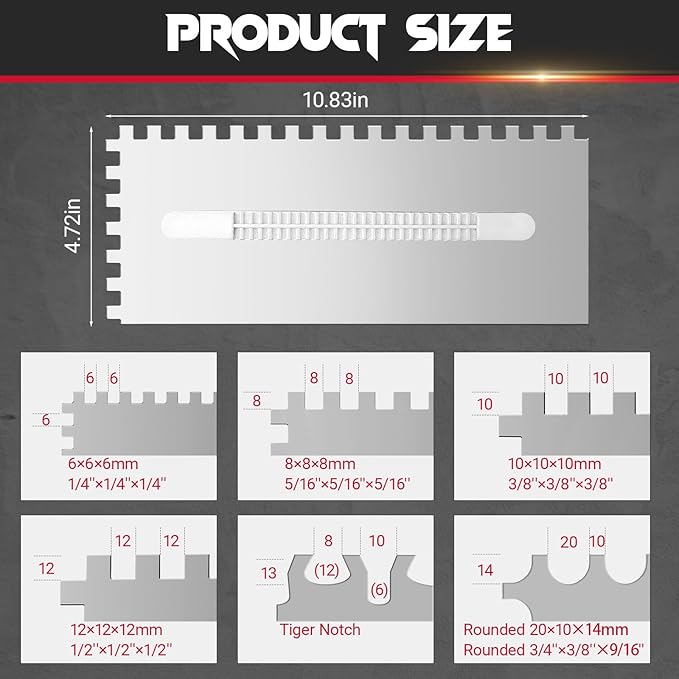Switchable Tile Trowel Set ??6 Interchangeable Notched Blades with Quick-Lock Handle, Stainless Steel Trowel Kit for Mortar, Thinset & Tile Installation