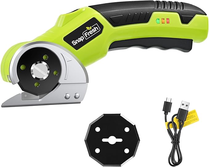 SnapFresh 4V Cordless Electric Scissors-Rechargeable Rotary Box Cutter w/ 2.0Ah Battery, 2 Self-Sharpening Blades, LED Light & Safety Lock,Carpet Cutter Tool for Cardboard, Fabric, Leather, Plastic